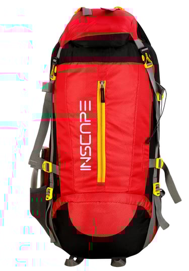 a red backpack trekking bags with yellow front zipper and many strapes