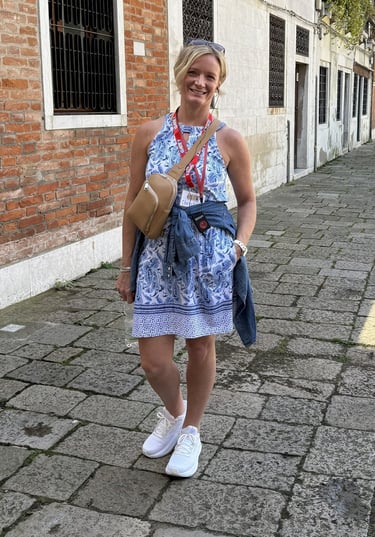 Me in a Cabana Life Shift Dress at Castello in Venice with the scenery behind me