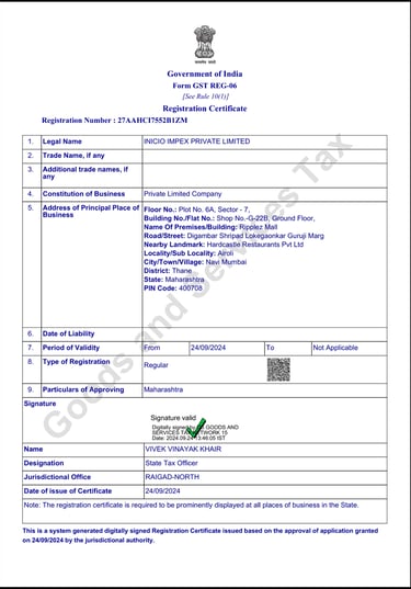 GST Registration Certificate Inicio Impex
