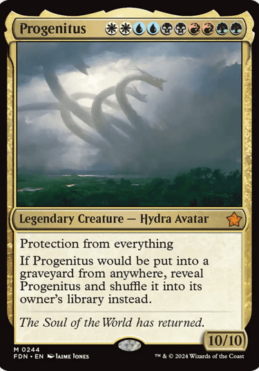 Progenitus Magic the Gathering card featuring a multi-headed hydra avatar rising over a landscape.