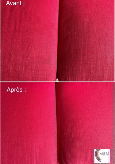 Nettoyage en profondeur assise de canapé rouge avec shampouineuse m&m services pro rouen