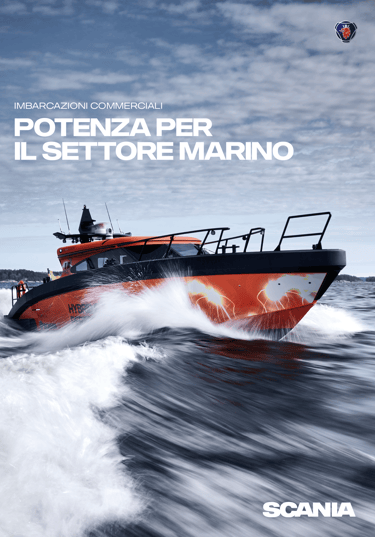Copertina catalogo Scania per imbarcazioni commerciali, intitolato "Potenza per il settore marino"