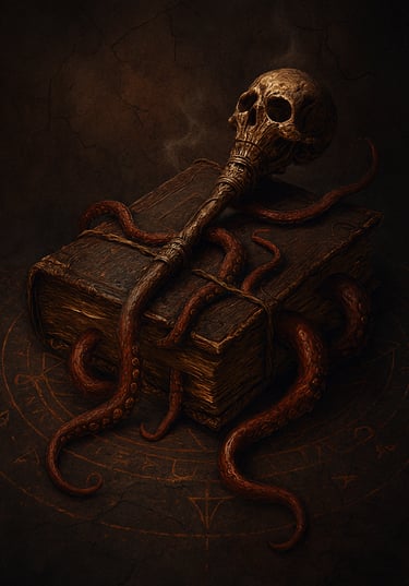 Worn grimoire with skull scepter and coiling tentacles.