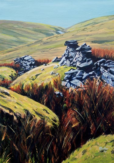 a painting of a broken wall on rugged and barren hills.
