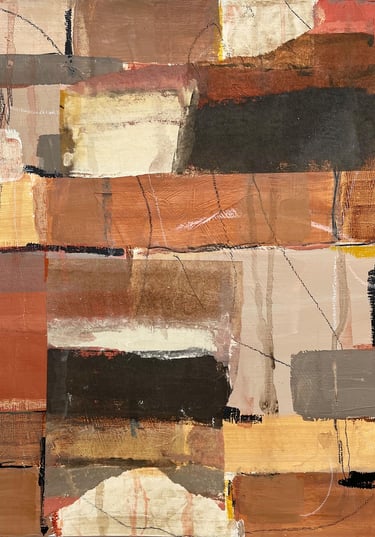 Modern abstract art with layered rectangles and visible brushstrokes in neutral and ochre hues