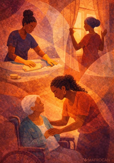 varias mujeres racializadas realizando trabajo de hogar y cuidadoras