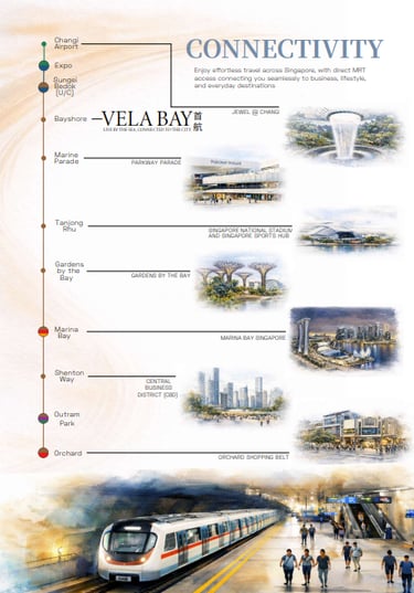 Map showing MRT connectivity from Vela Bay to Changi Airport, Marina Bay, and Orchard Road.