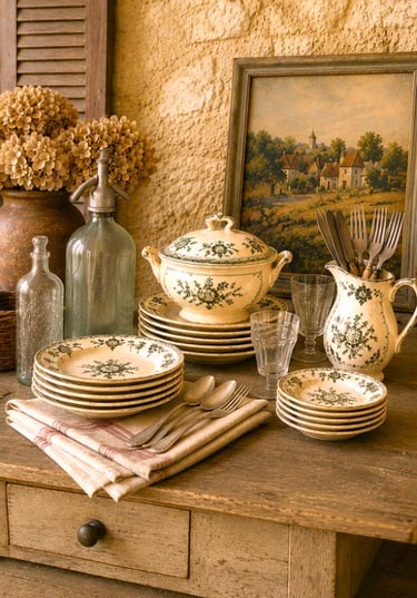 Vaisselle ancienne, verrerie et arts de la table vintage dans un esprit campagne et brocante.