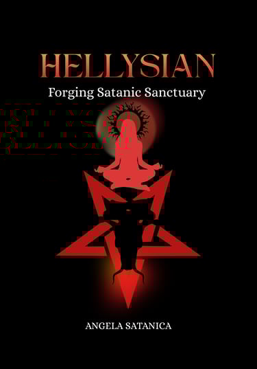 Book cover for Hellysian: Forging Satanic Sanctuary featuring a red silhouette meditating over a pentagram.