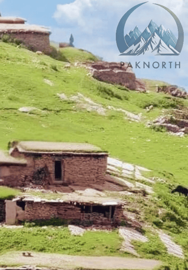 a mountain scene with a cow grazing in the grass along with old mud houses