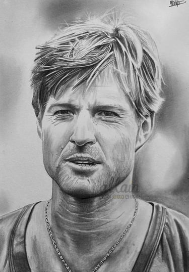 Portrait dessiné en noir et blanc de Robert Redford