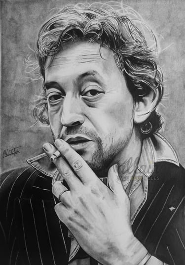 Portrait dessiné en noir et blanc de Serge Gainsbourg