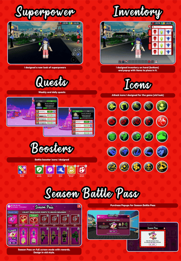 Design of Superpower, Inventory, Quest, Boosters, Season Battle Pass and Icons.