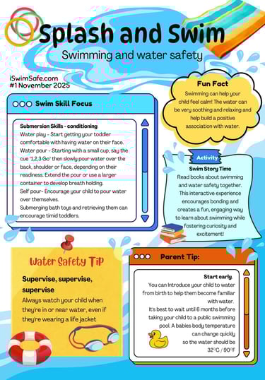 Swimming and water safety tips, parent tips, fun facts, swim skills, activities