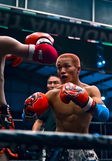 Shirtless boxer in red gloves inside a ring, reacting during a match with an opponent's punch approa