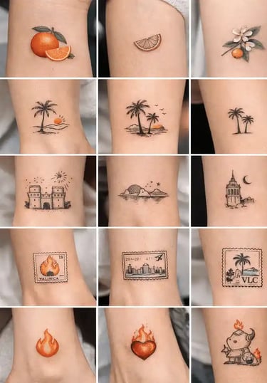 tatuajes pequeños con símbolos de la cultura valenciana como naranjas, palmeras y fuego