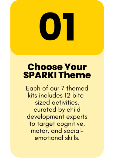 Parent selecting a SPARKI learning kit with 12 child development activities designed to build skills