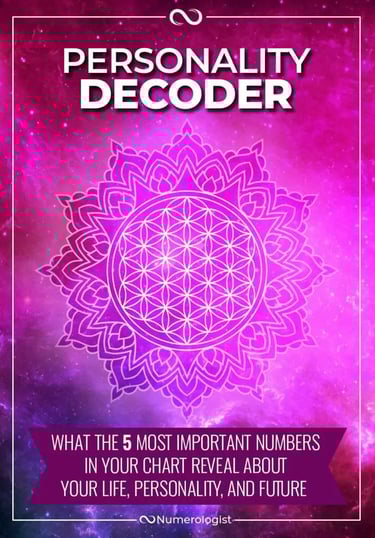 " 'Personality Decoder' cover with pink-purple galaxy background and a mandala/flower-of-life symbol; Numerologist"