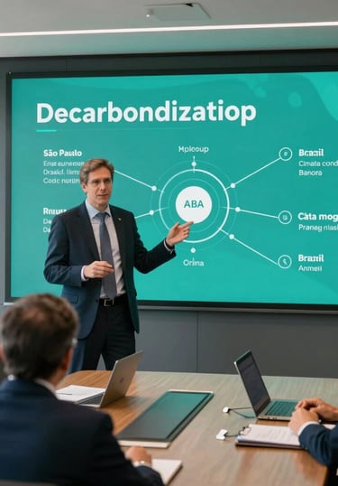 A professional South American / Brazilian climate consultant presenting a strategic data-driven decarbonization road map to corporate executives in a sunlit modern boardroom in São Paulo. Deep teal branding theme.
