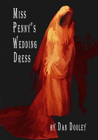 Ghostly figure in a red bridal gown for Miss Penny's Wedding Dress book cover by Dan Dooley.