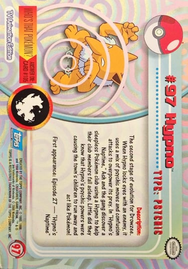 97 Hypno Topps Pokémon series 2 us back