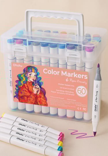 set of 60 dual-tip color markers in a clear plastic carrying case with pink label and sample swatche