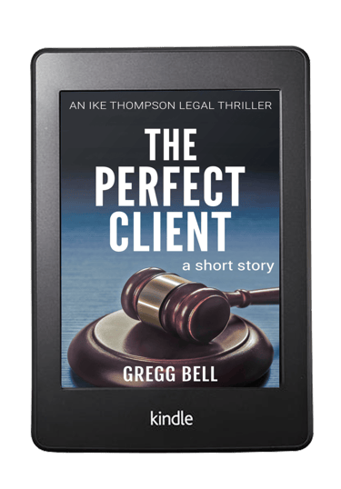 The cover of THE PERFECT CLIENT. It's a gavel on a gavel stand against a blue background.