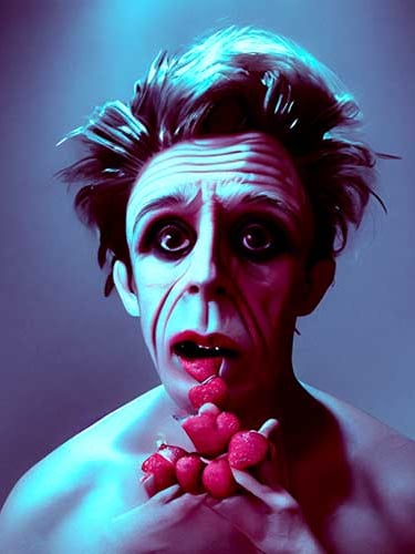 David Noir • autoportrait généré par ia. Un homme effaré aux traits prononcés tient des fraises.