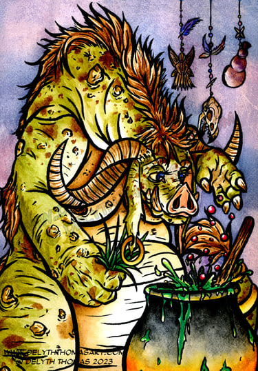 A Troll tends a cauldron of medical mixstures. Watercolour and ink.