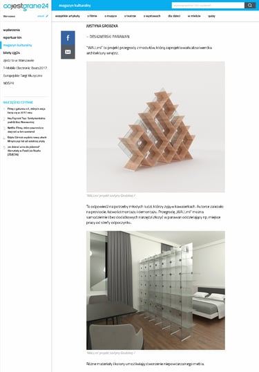 Publikacja na temat projektu autorstwa Justyny Grodzkiej - designerskiego parawanu "WALLmi"