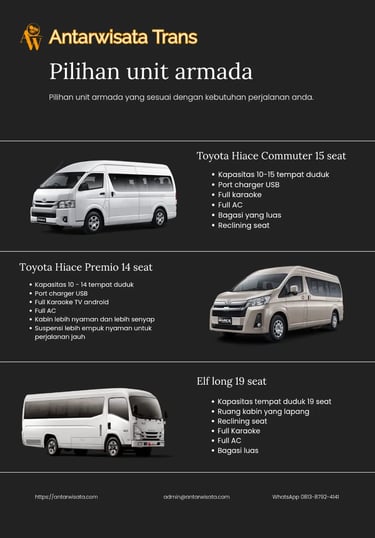 Brosur pilihan unit armada Antarwisata Trans. Toyota Hiace commuter, Hiace Premio dan Elf long.