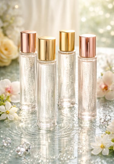 Élégants flacons de parfum en verre avec bouchons dorés et or rose entourés de fleurs blanche