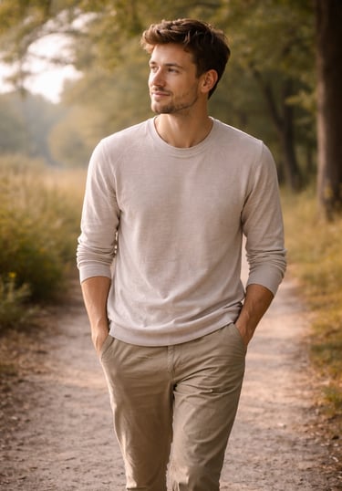 A man in a casual beige sweater and khaki pants walks through a park trail.