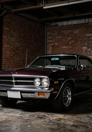 A premium professional photograph of a classic 1970s black Detroit muscle car parked inside a gritty, dimly-lit brick garage. Dramatic low-key lighting highlights the polished silver chrome bumper and deep burgundy undertones of the metallic body paint. Dust motes float in the air, creating a nostalgic and masculine atmosphere. Photographed in Detroit, US.