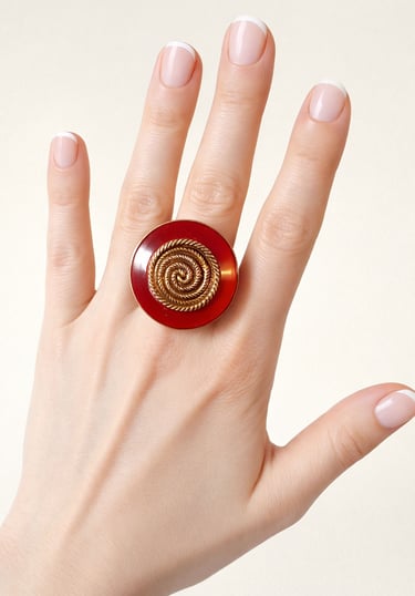Vintage statement ring with a large red circular base and gold spiral design on a hand.