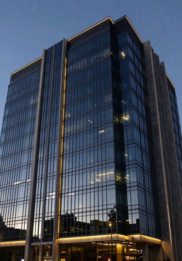 Exterior photography of a prestigious corporate law building in Monterrey, Mexico at twilight, featuring elegant glass architecture illuminated in dark navy blue and steel blue.