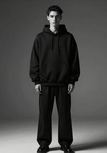 Monochromatic high-fashion editorial portrait of a male fashion model wearing an oversized black streetwear hoodie and relaxed trousers, shot against a stark dark gray minimalist studio background in a North American / Global Urban setting with dramatic high-contrast lighting.