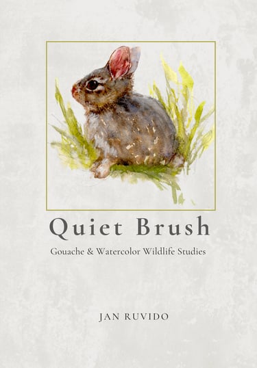 Watercolor and gouache rabbit painting on a wildlife art book cover titled Quiet Brush by Jan Ruvido.