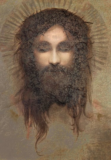 INRI by Martin Osner, mixed media portrait of Jesus Christ with crown of thorns, created using a transfer process onto linen.