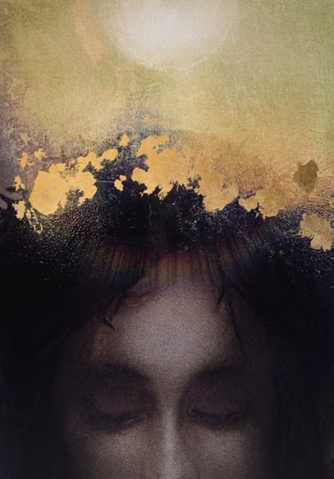 Son of God by Martin Osner, mixed media portrait of Jesus Christ with gold leaf crown of glory replacing the crown of thorns.