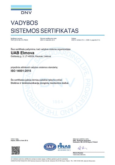 ISO 14001:2015 vadybos sistemos sertifikatas