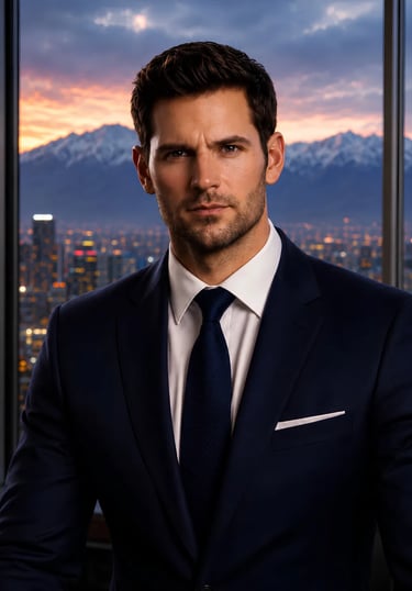 Professional man in a navy blue suit standing before a sunset Denver skyline and snowy mountains..