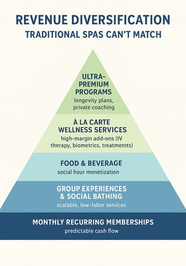 Social wellness club revenue pyramid showing seven income streams from membership base to premium se
