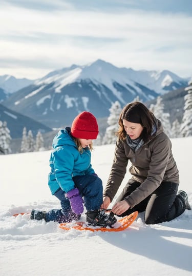 A woman and a young child in winter gear kneeling in the snow to adjust their snowshoes, with majest
