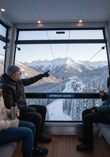 Passengers inside a ski gondola looking out at a panoramic view of snow-capped mountain peaks and ev