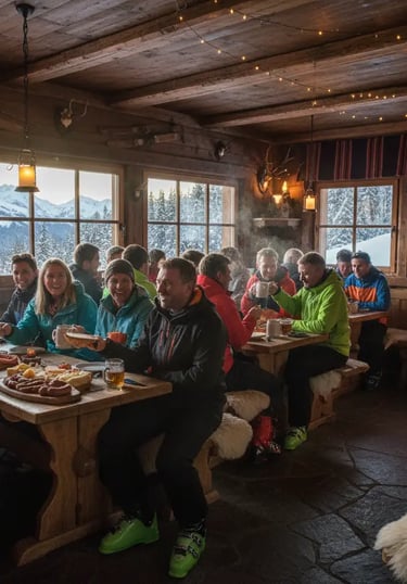A group of friends enjoying a meal and drinks inside a cozy, rustic wooden mountain lodge with large