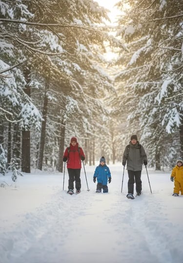 A family with children walking through a serene, snow-covered evergreen forest trail during a winter