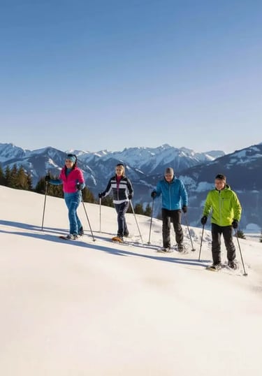 Four people snowshoeing across a vast, sunlit snowy slope with a panoramic view of the Italian Alps 