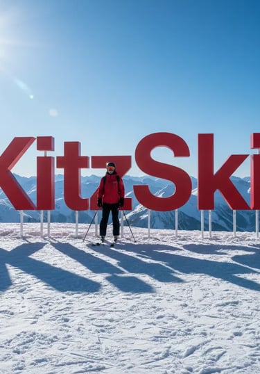 A person standing in front of a large red KitzSki sign on a snowy mountain summit under a clear blue