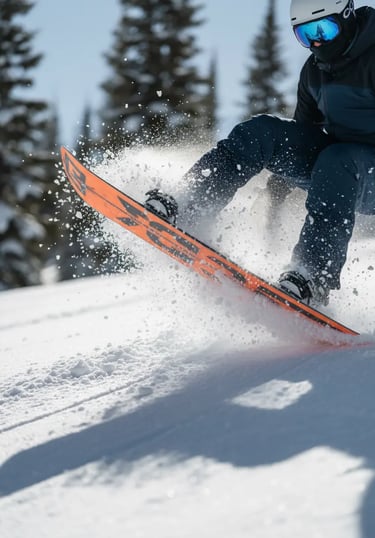 A snowboarder carving through fresh powder on a sunny slope, creating a spray of snow during a desce